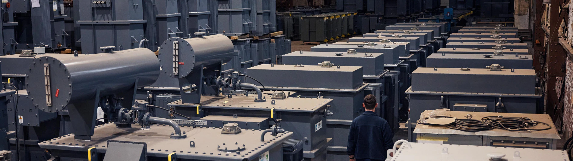 man walking between distribution transformers in a workshop
