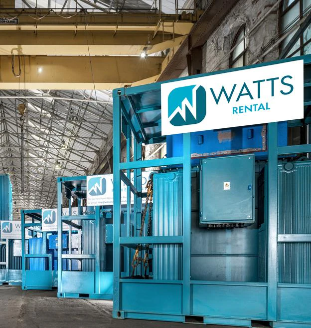 blue distribution transformers in warehouse for WATTS rental